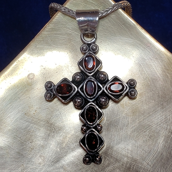 Sterling Silver Ornate Garnet Cross Necklace - Picture 2 of 16